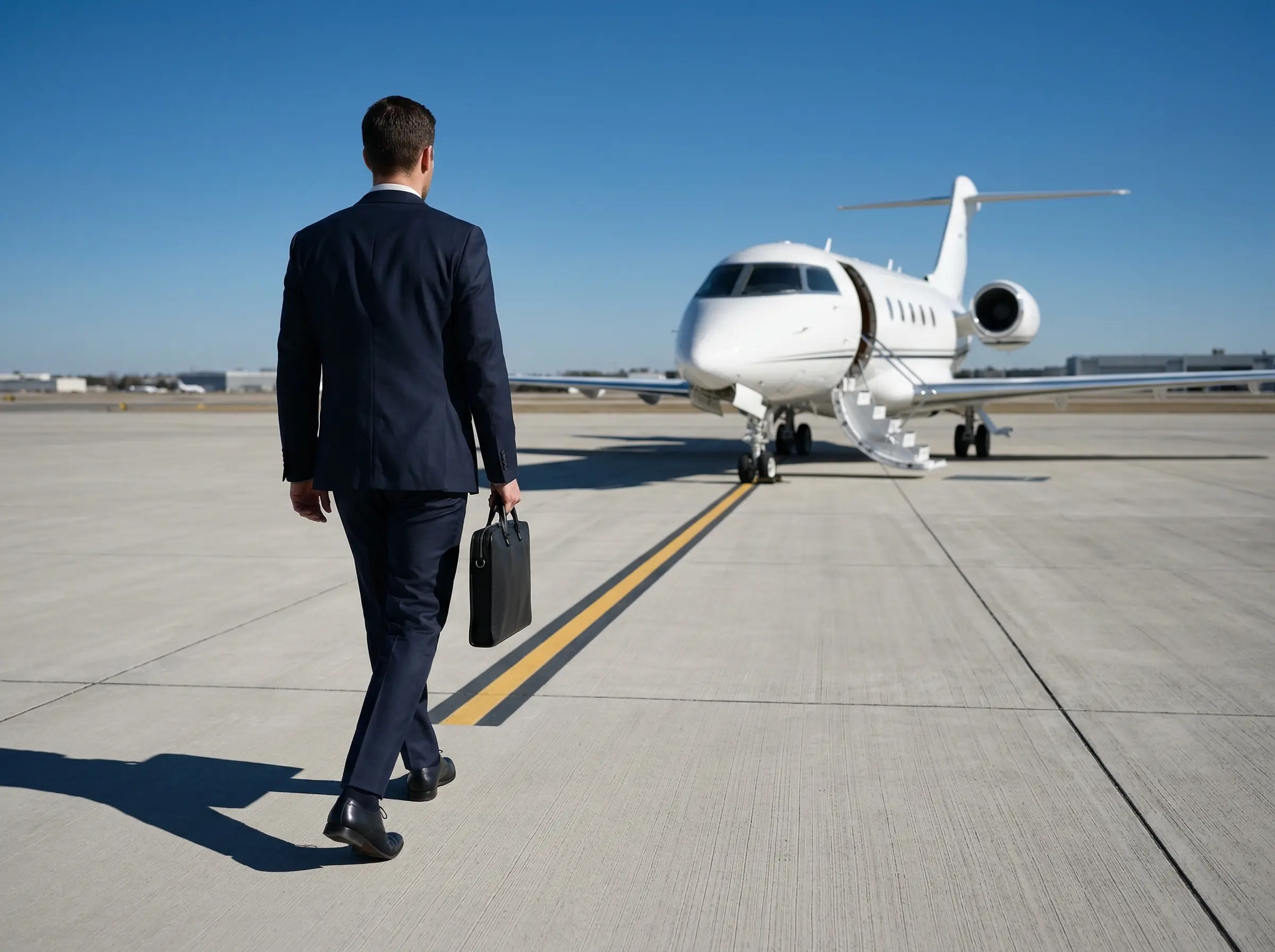 Business professional walking toward a private jet